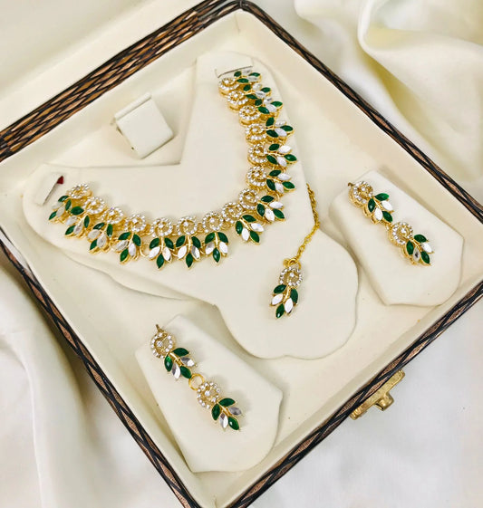 Kundan Necklace-40 (White/Green) / Beautiful White and Green Pearls/Moti